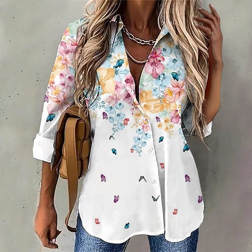 

Damen Hemd Bluse Weiß Blumen Schmetterling Taste Bedruckt Langarm Casual Festtage Basic Hemdkragen Standard Blume Schmetterling S