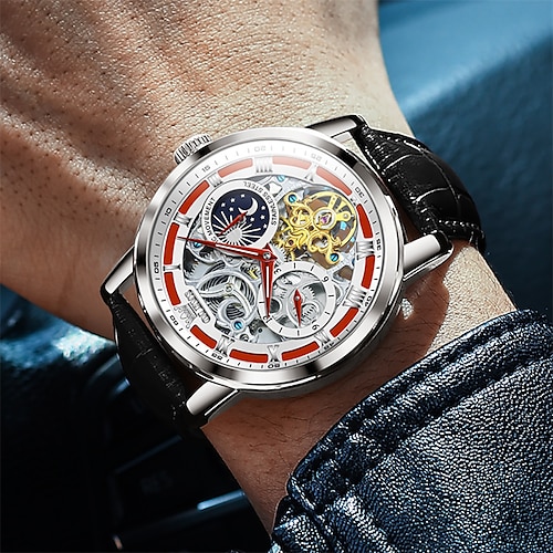 

olevs mechanische uhr für herren lässig stilvoll großes zifferblatt sport armbanduhr automatisch hohles skelett mondphase leuchtend wasserdicht echte lederuhr kostenlose tapfere schnur