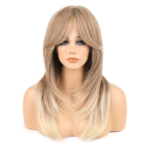 

ombre blonde parykker 24 tommer lange lagdelte syntetiske blonde parykker med smell midtdel parykk varmebestandig bølget parykk naturlig krøllete blonde parykker for kvinner daglig festbruk