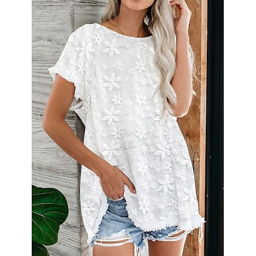 

Mulheres Camisa Social Blusa Tops de ilhas brancas Branco Floral Camurça Manga Curta Casual Final de semana Básico Decote Redondo Padrão Tema Flores S