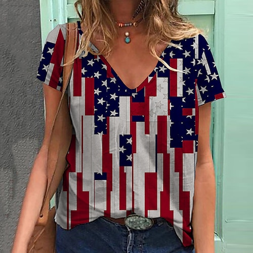 

Mulheres Camiseta Branco Vinho Vermelho Bandeira americana Imprimir Manga Curta Final de semana Dia da Independência Básico Decote V Padrão Pintura S