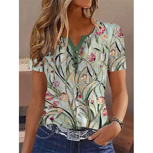 

Mujer Camisa Blusa Verde Trébol Floral Botón Estampado Manga Corta Casual Festivos Básico Escote en Pico Regular Flor S