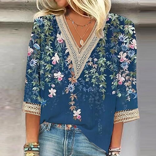 

Chemise Chemisier Femme Rose Claire bleu marine Bleu Floral Garniture en dentelle Imprimer Manches 3/4 Casual Vacances basique Col V Normal Standard Fleur S