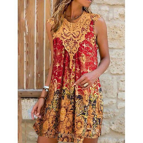 

Per donna Vestito casual Abito di pizzo Abito etnico Floreale Pizzo Collage Girocollo Mini abito Vintage Etnico Esterno Giornaliero Senza maniche Standard Giallo Estate Primavera S M L XL XXL