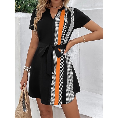 

Dame Uformell kjole Sommerkjole Print kjole Fargeblokk Stripe Blondér Trykt mønster V-hals Mini kjole Aktiv Mote utendørs Gate Kortermet Løstsittende Svart Sommer Vår S M L XL XXL