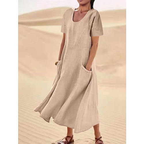 

Women's Casual Dress Cotton Linen Dress Swing Dress Maxi long Dress Linen Cotton Blend Fashion Classic Outdoor Daily Vacation Crew Neck Pocket Short Sleeve Summer Spring 2023 Loose Fit Black Pink Sky