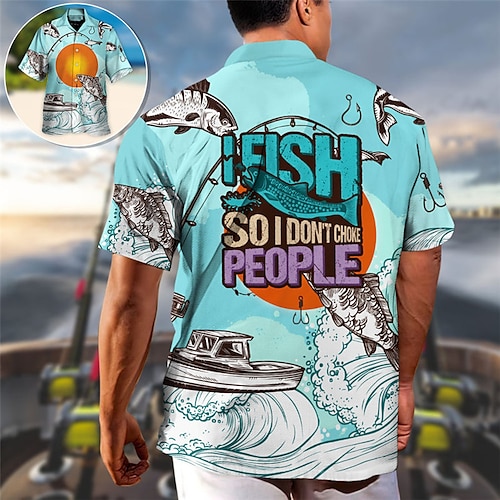 

Homens Camisa Social Camisa havaiana Letra Estampas Abstratas Pesca colar cubano Azul Verde Azul Claro Ao ar livre Casual Manga Curta Imprimir Roupa Esportes Moda Roupa de rua Designer