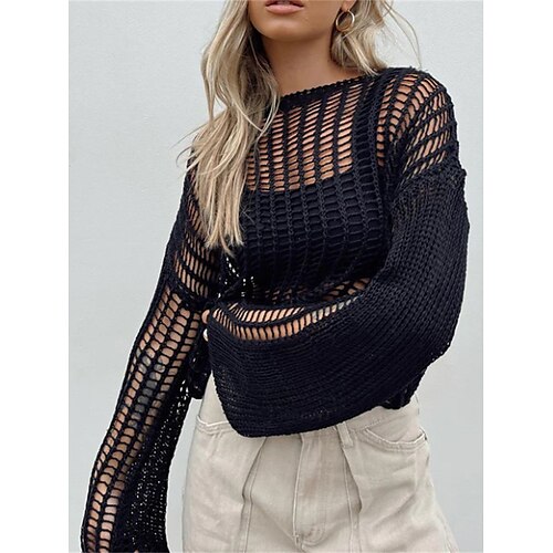 

Women's Pullover Sweater Jumper Jumper Chunky Knit Hole Pure Color Crew Neck Stylish Casual Outdoor Daily Summer Spring Black White S M L