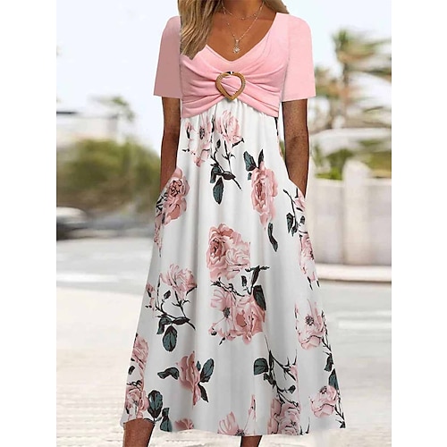 

Women's Casual Dress A Line Dress Summer Dress Floral Pocket Twist V Neck Midi Dress Fashion Streetwear Daily Holiday Short Sleeve Regular Fit Pink Summer Spring S M L XL XXL