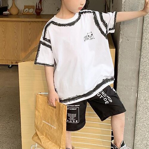 

2 Dele Børn Drenge T-shirt & Shorts Outfit Tegneserie Bogstaver Kortærmet Crewneck Sæt Afslappet Mode Daglig Sommer Forår 7-13 år Sort Hvid