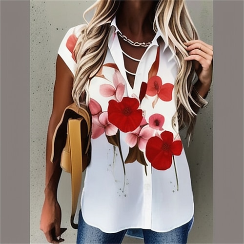 

Mujer Camisa Blusa Rojo Floral Botón Estampado Manga Corta Casual Festivos Básico Cuello Camisero Regular Flor S