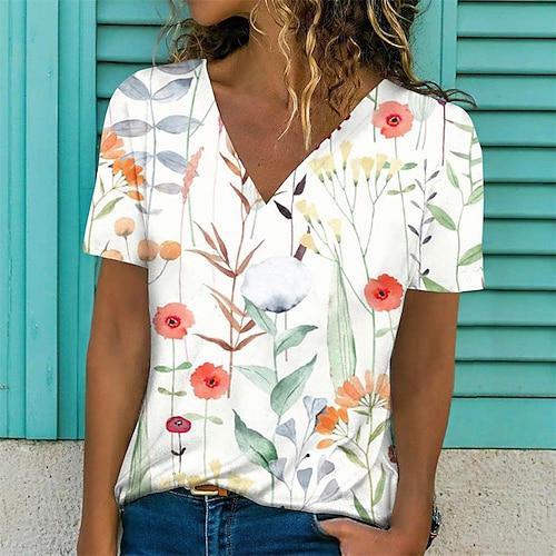 

Dame T-shirt Hvid Lyserød Navyblå Blomstret Trykt mønster Kortærmet Afslappet Daglig Årgang V-hals Normal Blomster Tema S
