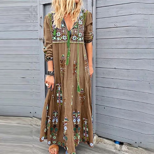 

vestido bohemio casual de mujer vestido boho vestido largo maxi vestido rojo azul marrón manga larga estampado floral verano otoño otoño cuello en v vacaciones fin de semana otoño vestido 2023 s m l