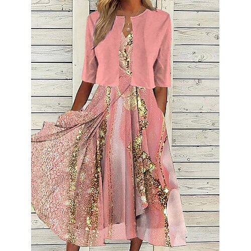 

Dame Todelt kjolesett Uformell kjole Chiffonkjoler utendørs Daglig Mote Gatemote Lomme Trykt mønster Midikjole V-hals Halvlange ermer Nyanse Marmortrykk Normal Rosa Sommer Vår S M L XL XXL