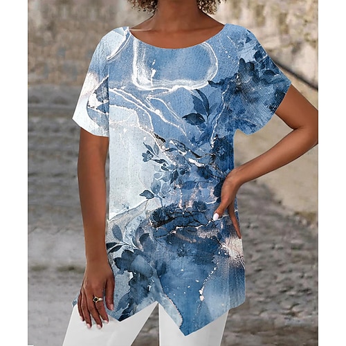 

Mulheres Camisa Social Blusa Azul Verde Cáqui Folha Abstrato Assimétrico Imprimir Manga Curta Casual Feriado Básico Decote Redondo Longo Tema Flores S