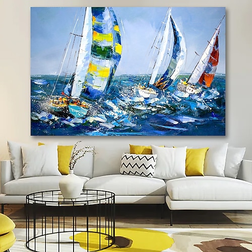 

Pintura a óleo pintada à mão arte de parede pintada à mão barcos abstratos por faca pintura em tela decoração para casa decoração moldura esticada pronta para pendurar