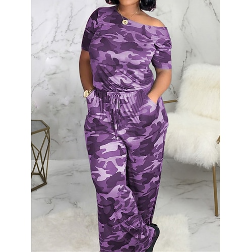 

Women's Jumpsuit Pocket Print Camo / Camouflage Crew Neck Streetwear Street Daily Regular Fit Half Sleeve Black Purple Green S M L Summer