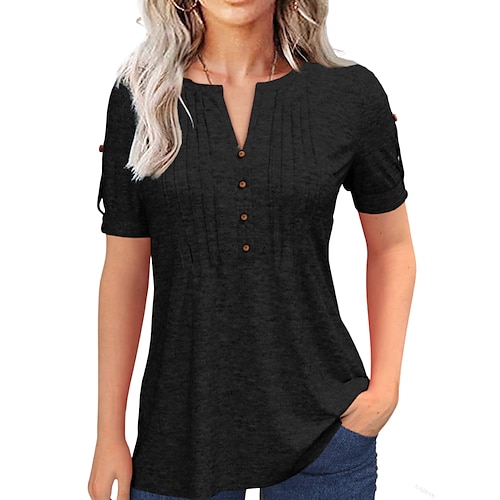 

Damen Hemd Bluse Weinrot Schwarz Rosa Glatt Taste Kurzarm Casual Basic V Ausschnitt Standard S