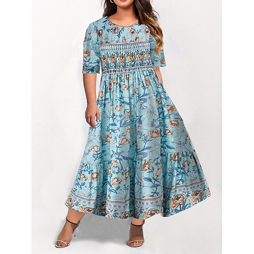 

Per donna Plus Size Abito casual vestito a flori Floreale Abito lungo Abito lungo Mezza manica Increspato Tasche Girocollo Di tendenza Giornaliero Blu Viola Estate Primavera L XL XXL 3XL