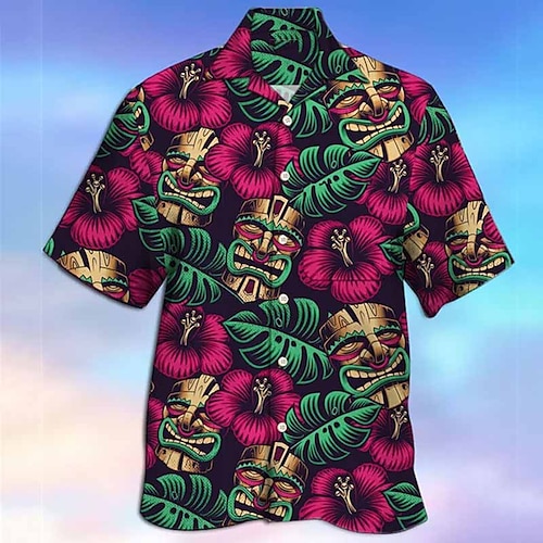 

Men's Shirt Summer Hawaiian Shirt Graphic Prints Totem Leaves Cuban Collar Black Outdoor Casual Short Sleeve Print Clothing Apparel Sports Fashion Streetwear Designer