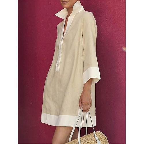 

Women's Shirt Dress Casual Dress Cotton Linen Dress Mini Dress Cotton Blend Fashion Basic Outdoor Office Daily Shirt Collar Button Pocket 3/4 Length Sleeve Summer Spring Fall 2023 Regular Fit khaki