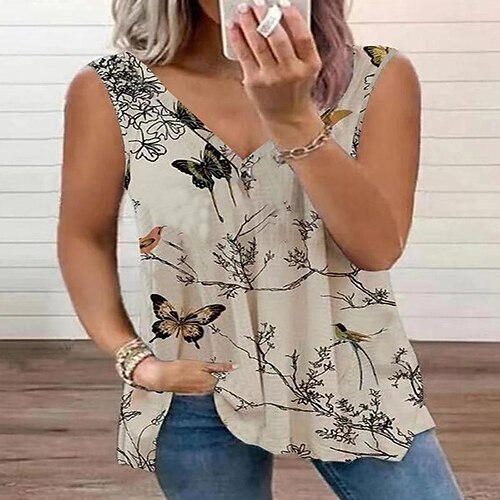 

Damen Tank Top Khaki Blumen Schmetterling Bedruckt Ärmellos Festtage Wochenende Basic V Ausschnitt Standard Blume Schmetterling Farbe S