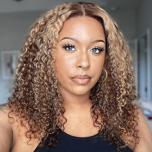 

150% densitet highlight kinky krøllet blonde front paryk menneskehår 4x4x1 t del blonde frontal parykker brunt remy hår til kvinder 4/27