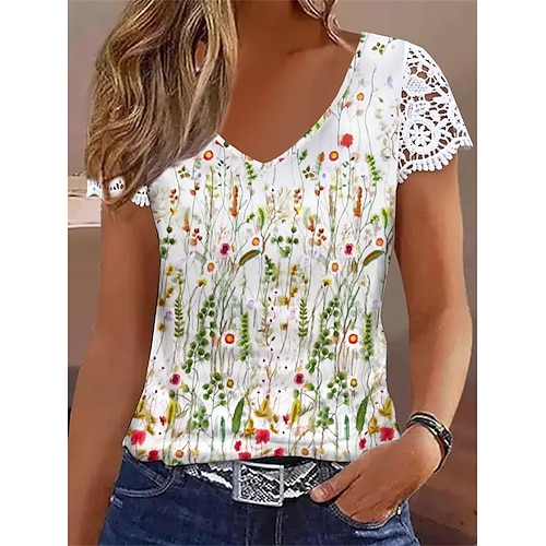 

Damen T Shirt Weiß Blumen Spitze Bedruckt Kurzarm Festtage Wochenende Basic V Ausschnitt Standard Blume Farbe S