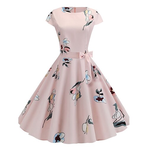 

Dame Retrorød 1950'erne Vintage kjole Midikjole Daglig Ferie Sløjfer Trykt mønster Blomstret Rund hals Kortærmet Regulær Sommer Forår 2023 Gul Lyserød S M L XL