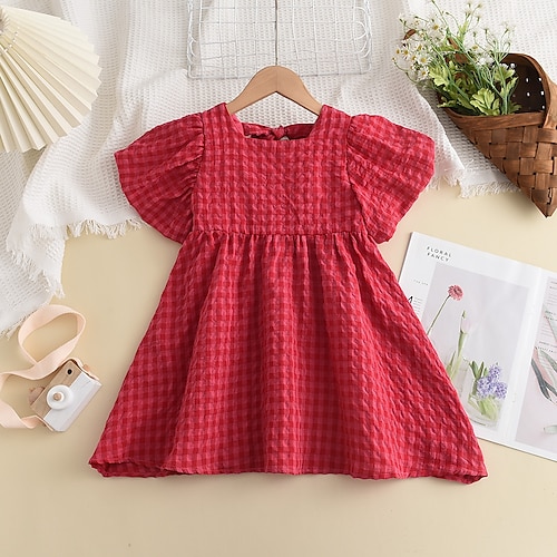 

Bambino Da ragazza Vestito Tinta unica Abito estivo Al ginocchio Vestito Scuola Colletto quadrato Manica corta Adorabile Vestito 3-7 anni Estate Rosso