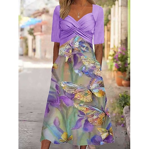 

Tenue décontractée Robe Trapèze Robe d'été Femme Floral Papillon Ruché Poche Col V Mode Moderne Extérieur du quotidien Demi Manches Ample Violet Eté Printemps S M L XL XXL