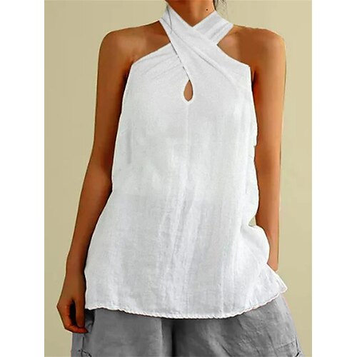 

Women's Tank Top White Plain Sleeveless Casual Basic Halter Regular Linen S