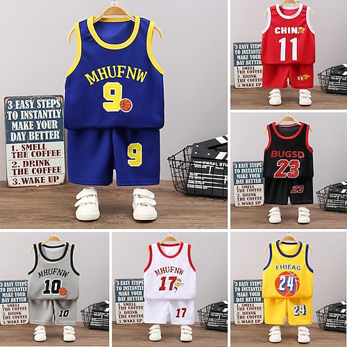 

2 Pieces Kids Boys' Clothing Sets Tank & Shorts Outfit Cartoon Letter Number Sleeveless Crewneck Set Outdoor Sports Cool Spring Summer 7-13 Years Black White Yellow