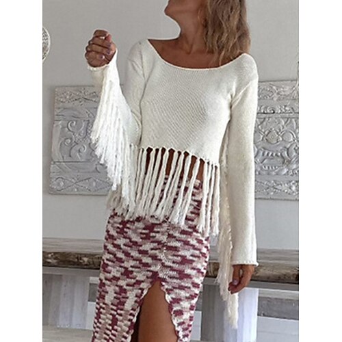 

Pull Maille Femme A côtes Tricoter Découpé Franges Couleur unie Col Ras du Cou mode Décontractées du quotidien Vacances manche longue Eté Printemps Noir Blanche S M L