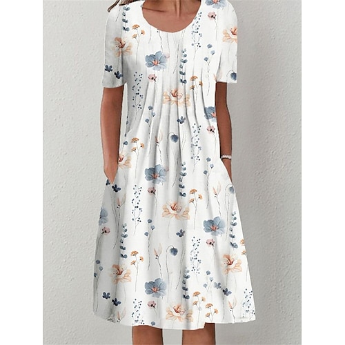 

Women's Summer Dress Print Dress Pleated Dress Floral Ruched Pocket Crew Neck Midi Dress Daily Vacation Short Sleeve Summer Spring