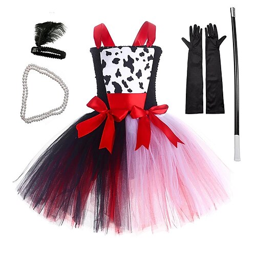 

Cruelle Dalmatiens Robe Robe de demoiselle d'honneur Robes en tulle Fille Cosplay de Film Cosplay Rose Robe Gants Colliers décoratif Le Jour des enfants Mascarade Organza