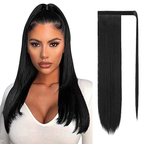 

lang rett hestehale extension 24 tommer wrap around hestehale syntetisk hair extensions klips i hestehale hårstykke for kvinner naturlig svart