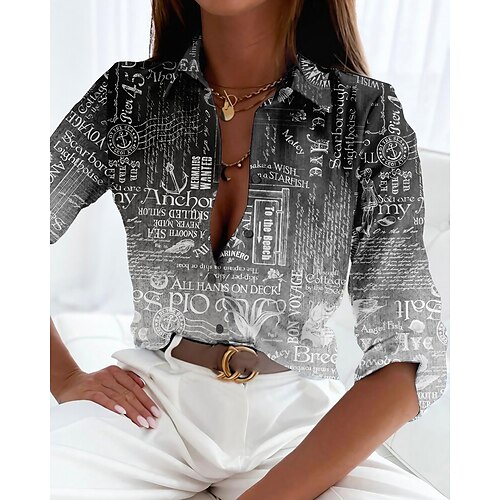 

Chemise Chemisier Femme Noir Gris Graphic Bouton Imprimer manche longue Casual basique Col de Chemise Normal Standard S