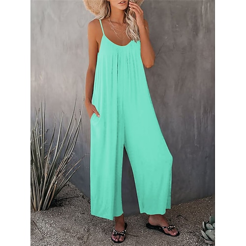 

Women's Jumpsuit Pocket Solid Color Crew Neck Basic Street Daily Regular Fit Sleeveless Blue Purple Orange S M L Summer