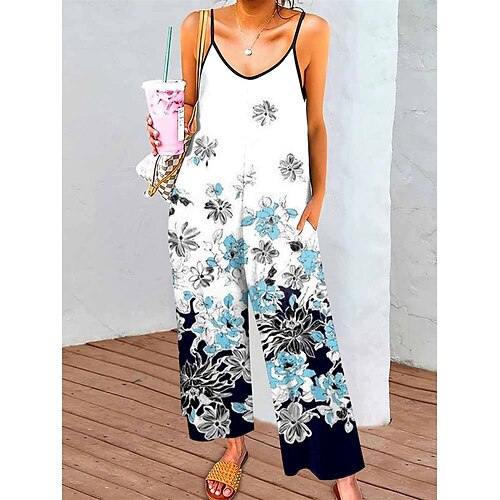 

Damen Jumpsuit Bedruckt Blumen V Ausschnitt Strassenmode Ordinär Strasse Täglich Lockere Passform Gurt Schwarz Weiß Rosa S M L XL Sommer