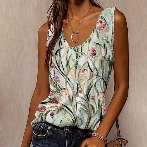 

Mujer Camiseta sin mangas Blanco Rojo Verde Trébol Floral Corazón Estampado Sin Mangas Casual Festivos Básico Escote en U Regular Flor S