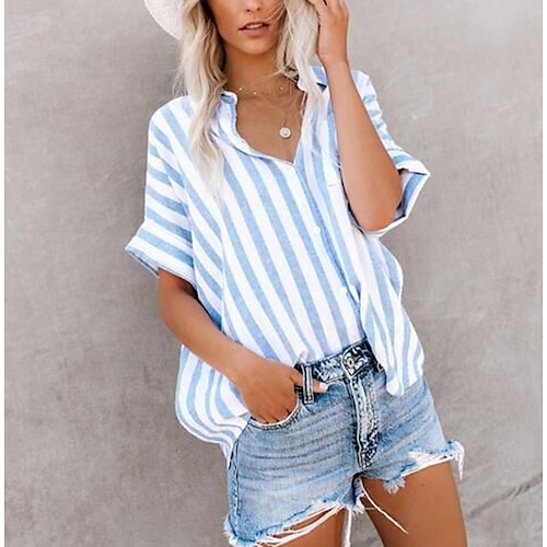 

Chemise Femme Bleu Rayé Imprimer Manche Courte Travail Casual Elégant Col de Chemise S