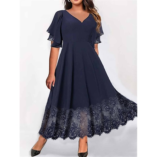 

Mulheres Tamanho Grande Vestido casual Vestido de renda Vestido de chiffon Côr Sólida Vestido Longo Vestido Maxi Manga Curta Renda Decote V Moda Ao ar livre Azul Marinha Verão Primavera L XL XXL 3XL