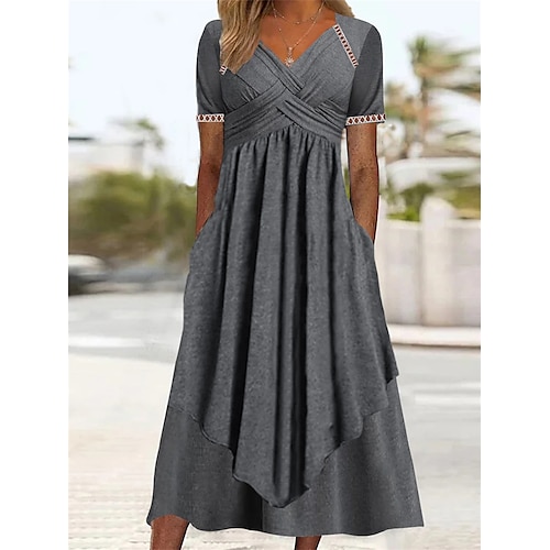 

Per donna Vestito casual Abito linea A Abito estivo Liscio Increspato Tasche A V Vestito longuette Di tendenza Classico Esterno Strada Manica corta Morbido Grigio scuro Estate Primavera S M L XL XXL