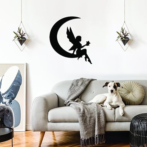 

1 pc, fée sur la lune art mural en métal mignon ange signe décor à la maison tenture murale grand mur accessoires bureau minimaliste mur art pendaison de crémaillère cadeau