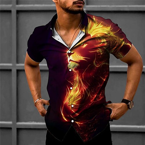 

Men's Shirt Animal Lion Graphic Prints Turndown Yellow Purple Outdoor Street Short Sleeves Print Clothing Apparel Fashion Streetwear Designer Soft