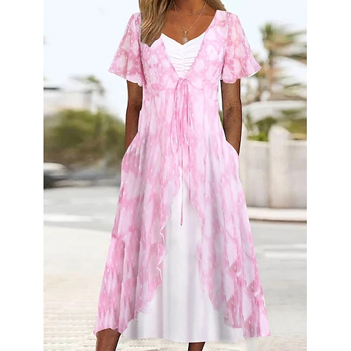 

Dame Todelt kjolesett Uformell kjole Print kjole Daglig Feriereise Mote Elegant Blondér Drapering Midikjole V-hals Kortermet Blomstret Normal Rosa Sommer Vår S M L XL XXL