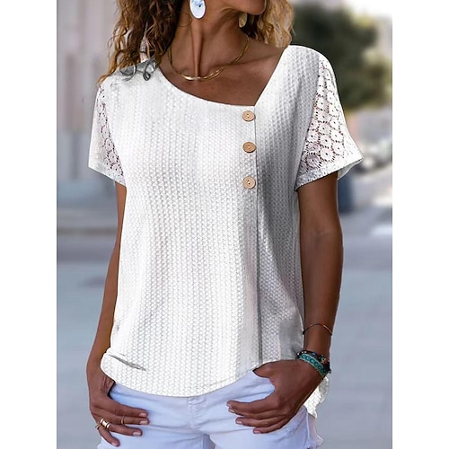 

Mujer Camisa Blusa Blanco Plano Encaje Botón Manga Corta Casual Básico Escote en Pico Regular S