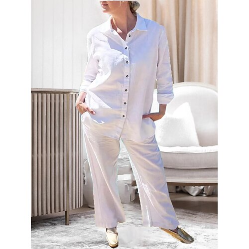 

Per donna Plus Size loungewear Completi Colore puro Essenziale Informale Comoda Interni Giornaliero Da mare Cotone Traspirante Bavero Manica lunga Camicia Pantalone Pulsante Tasche Estate Primavera