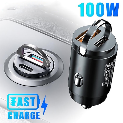

SEAMETAL 100W Car USB Charger Super Charge USB-A USB-C Cigarette Lighter Adapter Hidden Phone Charger for iPhone Huawei Samsung